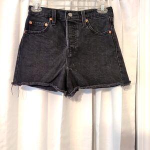 Levi's Women's Premium Ribcage Black Denim Frayed Button Fly High Rise Shorts 25